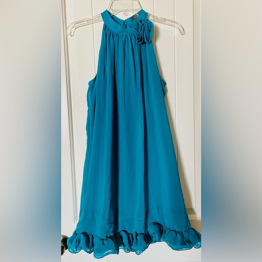 Teal Blue Ruffled Halter Cocktail Dress
